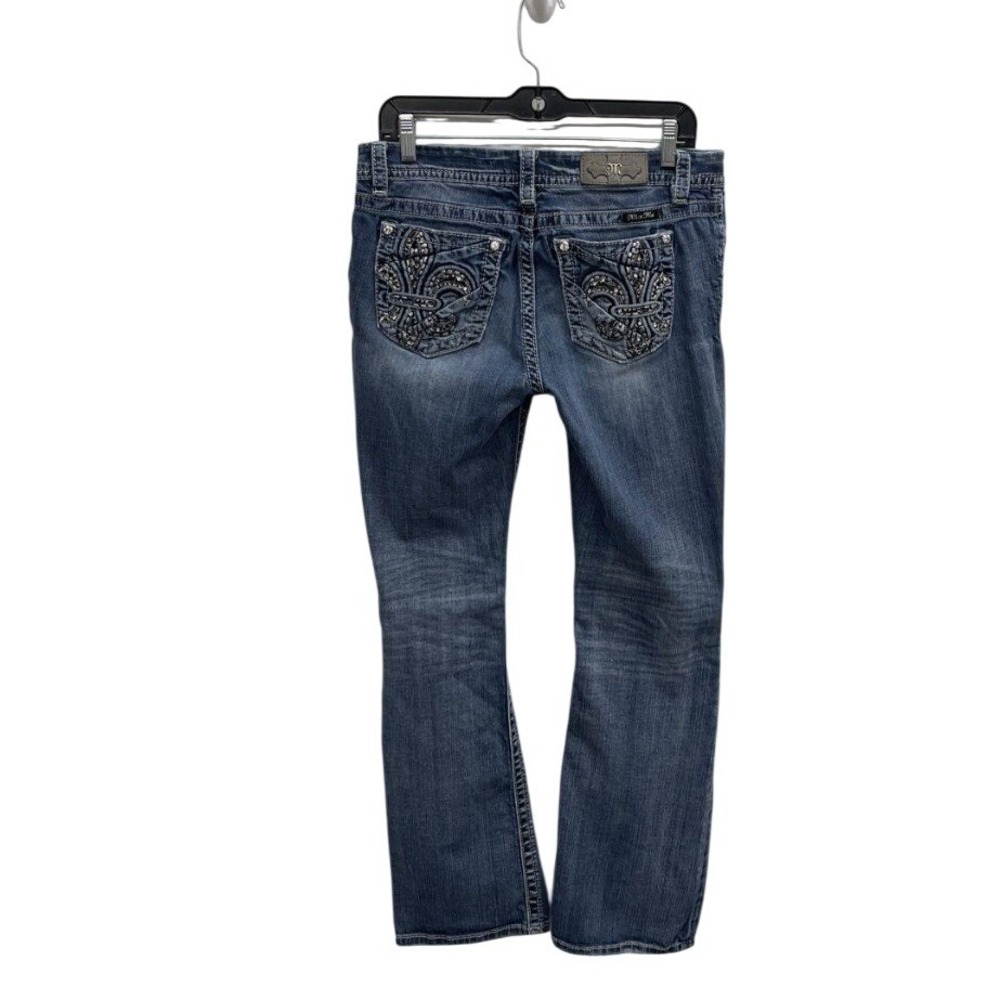 Miss Me Distressed Bootcut Blue Jeans Fleur De Lis Rhinestone B3078EBL Size 30